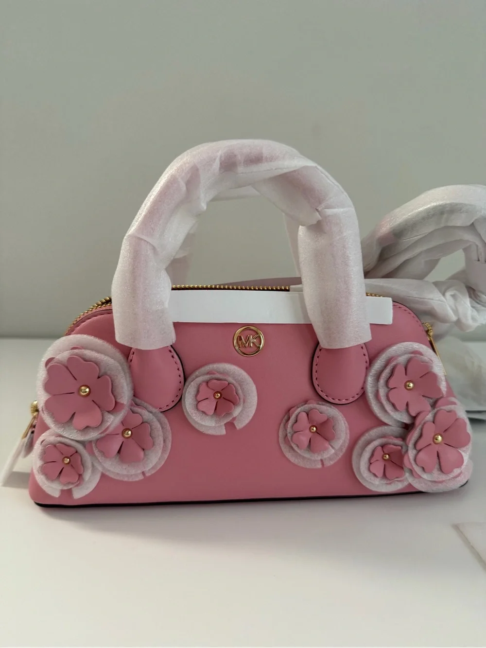 Michael Kors Pink Floral Appliqué Satchel with Gold-Tone Logo